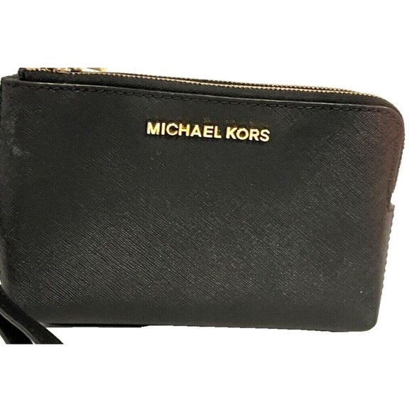 Michael Kors Black Gold Leather Wristlet Wallet Clutch Purse Saffiano Texture - Picture 2 of 12